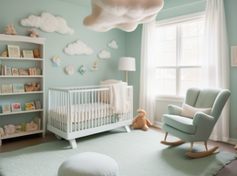 Cozy nursery with a white crib, plush toys, cloud shelves, and a glider chair.